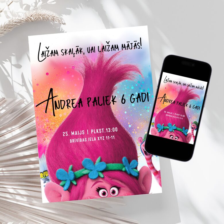 Troļļu dzimšanas dienas ballītes digitāls ielūgums bērniem